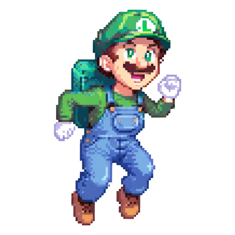 Luigi jumping pixel art style, green hat, blue overalls, energetic pose sticker