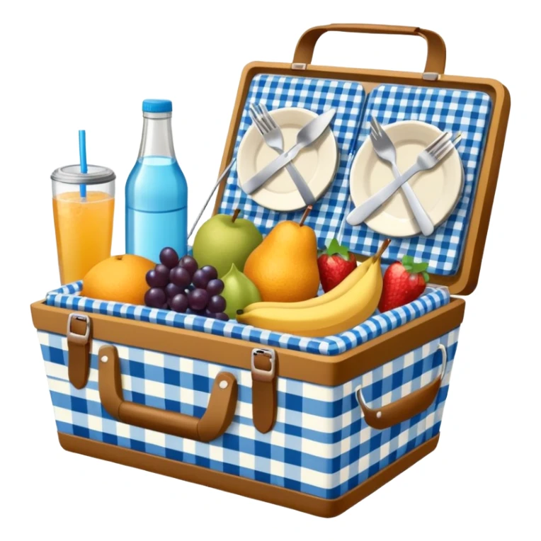 blue plaid lining basket with both food, drink and fruits sticker