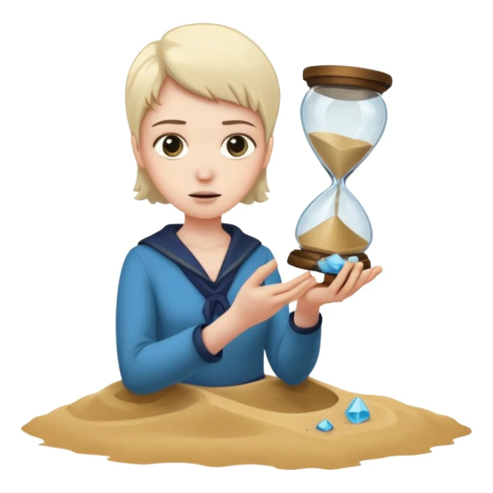 Character holding a broken hourglass, sand frozen mid-air sticker