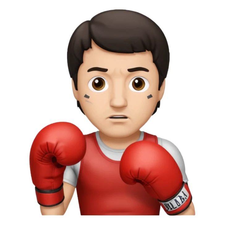 Rocky Balboa inspired by Sylvester Stallone, wearing boxing gloves, round face, expressive eyes, simplified features sticker
