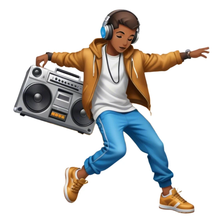 Icon for Street Dance: a dancer in urban streetwear performing a dynamic breakdance move, with a spray-painted background,  boombox  and headphones. The icon should represent the energy, style, and creativity of street dance culture. Transparent background. sticker