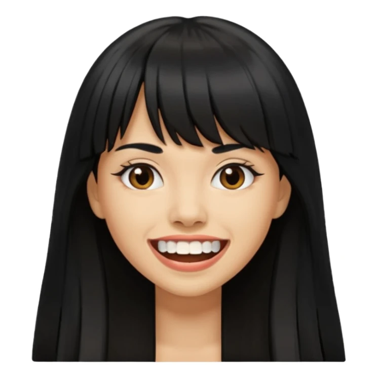 Woman a little tan with long black hairs and bangs, appearing teeth sticker