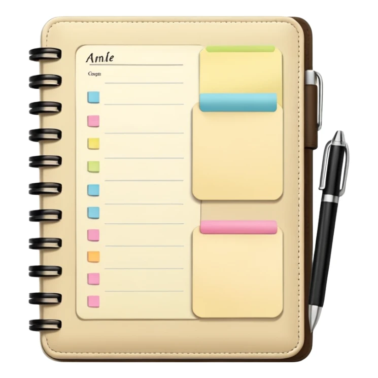 daily planner agenda cream leather with open page and pen with stickynotes sticker
