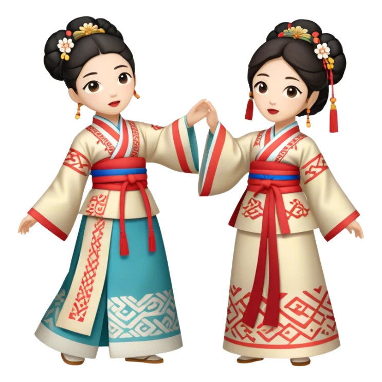 Cinematic Realistic scene of two performers engaging in Ganggangsullae, dressed in traditional Korean costumes with intricate patterns and graceful movements, illuminated by soft, festive lighting that accentuates the cultural ambiance sticker