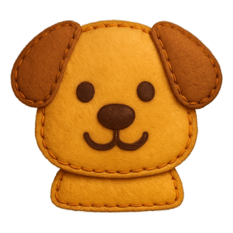 <StylePrompt>
  <Name>Felt Appliqué Plush Style</Name>
  <Description>A soft, handcrafted look inspired by plush felt fabric with visible stitching and a padded 3D texture, rendered on a solid black background.</Description>
  <VisualProperties>
    <Material>Felt</Material>
    <Texture>Soft, fuzzy, with slight fiber detail</Texture>
    <Stitching>
      <Type>Thick thread</Type>
      <Color>Orange or slightly darker tone than fabric</Color>
      <Pattern>Uniform running stitch along outer edge</Pattern>
    </Stitching>
    <Padding>High, plush-like 3D depth</Padding>
    <Edges>Rounded corners</Edges>
    <ColorPalette>
      <Primary>Warm yellow/orange tones</Primary>
      <Accent>Brown or dark orange for facial features and outline</Accent>
      <Background>Black</Background>
    </ColorPalette>
  </VisualProperties>
  <Rendering>
    <Lighting>Soft, even studio lighting</Lighting>
    <Shadows>Subtle drop shadows for depth</Shadows>
    <Perspective>Flat front-facing, symmetrical if applicable</Perspective>
  </Rendering>
  <Applicability>
    <SubjectType>Any object, animal, or letterform</SubjectType>
    <OutputFormat>Icon, emoji, patch-style graphic</OutputFormat>
  </Applicability>
</StylePrompt>

{subject} = dog sticker