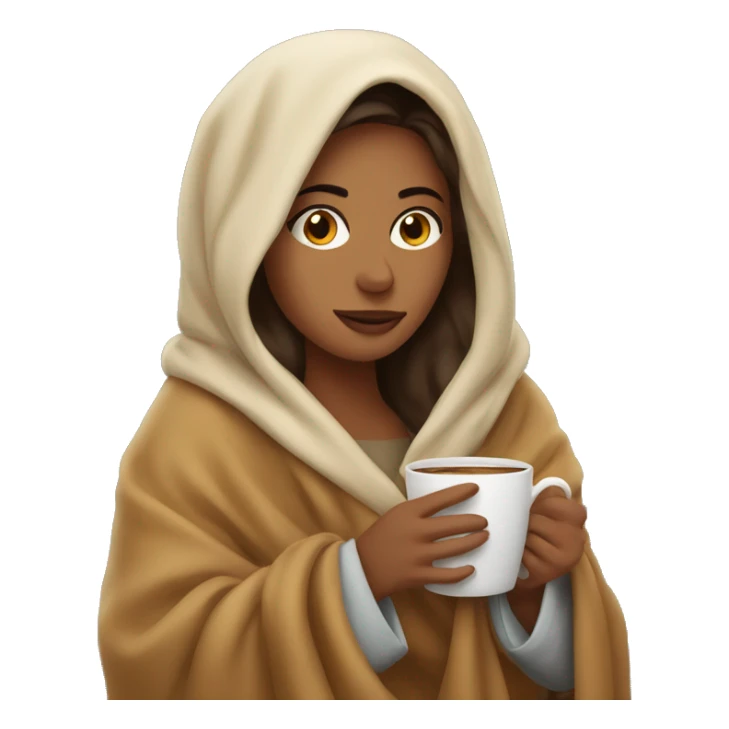 Woman snuggled in a blanket with a coffee sticker
