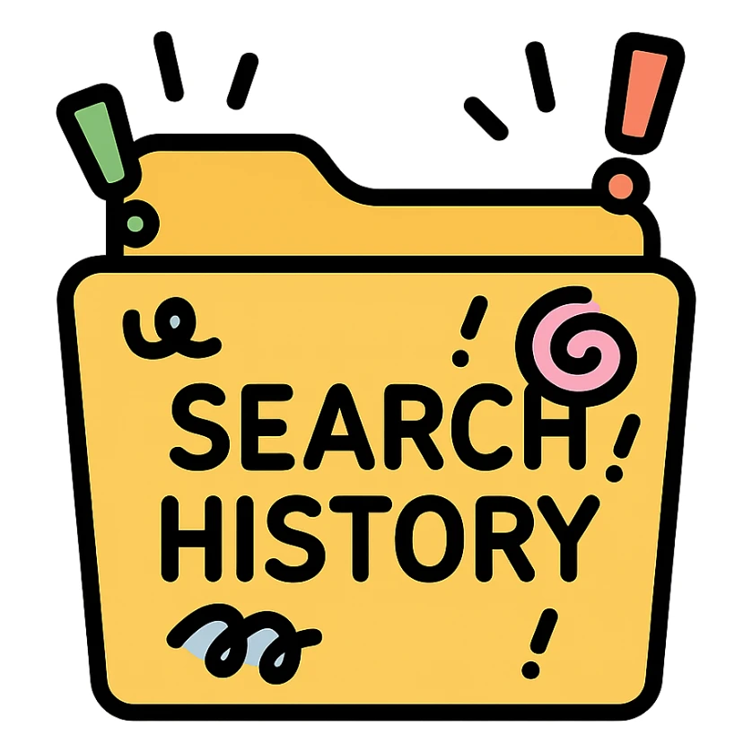 cartoon icon of a file folder labeled 'search history' with comical doodles and exclamation marks sticker