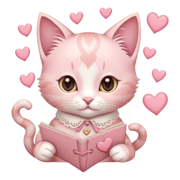 A pastel pink kitten with heart-shaped markings, a lace ribbon collar, holding a vintage love letter, surrounded by floating hearts. sticker