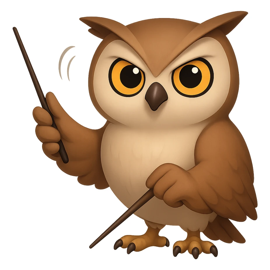 В стилистике эмоджи сгенерируй сову, которая уверенно смотрит на зрителя и держит в руках дирижерскую палочку и взмахивает ей, прозрачный фон sticker