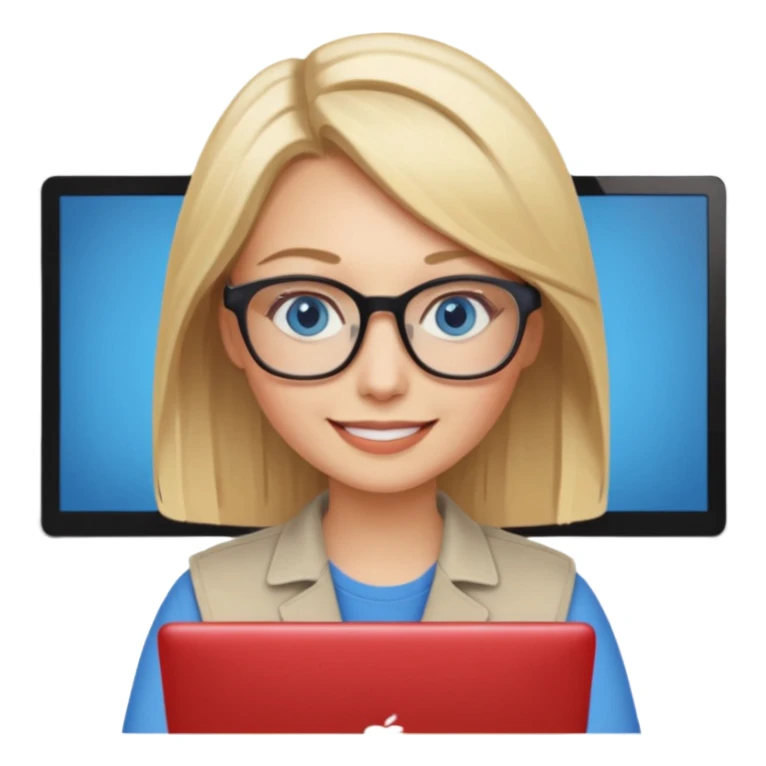 donna bionda occhi azzurri con occhiali, capelli media lunghezza lisci, è al pc è una grafica editoriale e redattrice sticker
