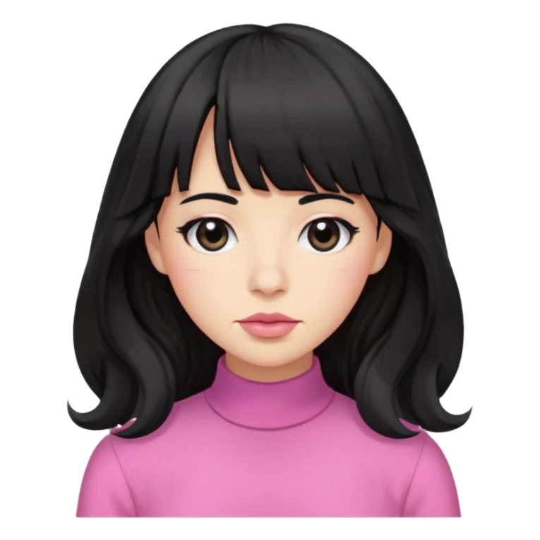 wavy long black hair with bangs, small lips, downturned black eyes, small large nose, pink clothes  sticker