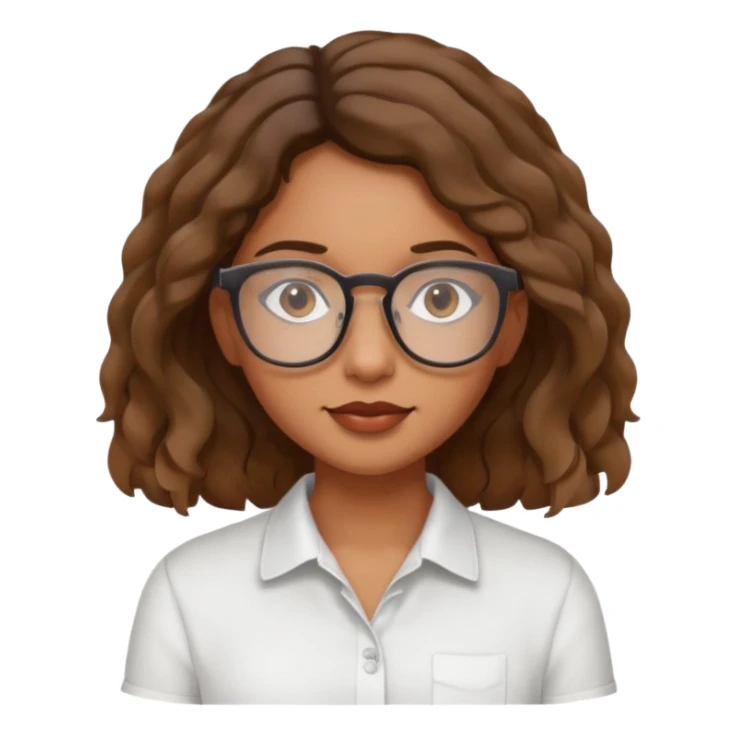brown girl with wavy  shoulder length hair. glasses, sticker