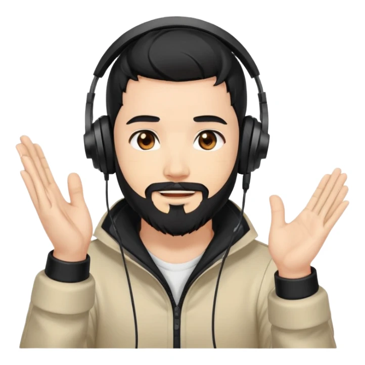 Anime style man with black hair, brown eyes, and black beard wearing gaming headset and applauding, anime art style sticker