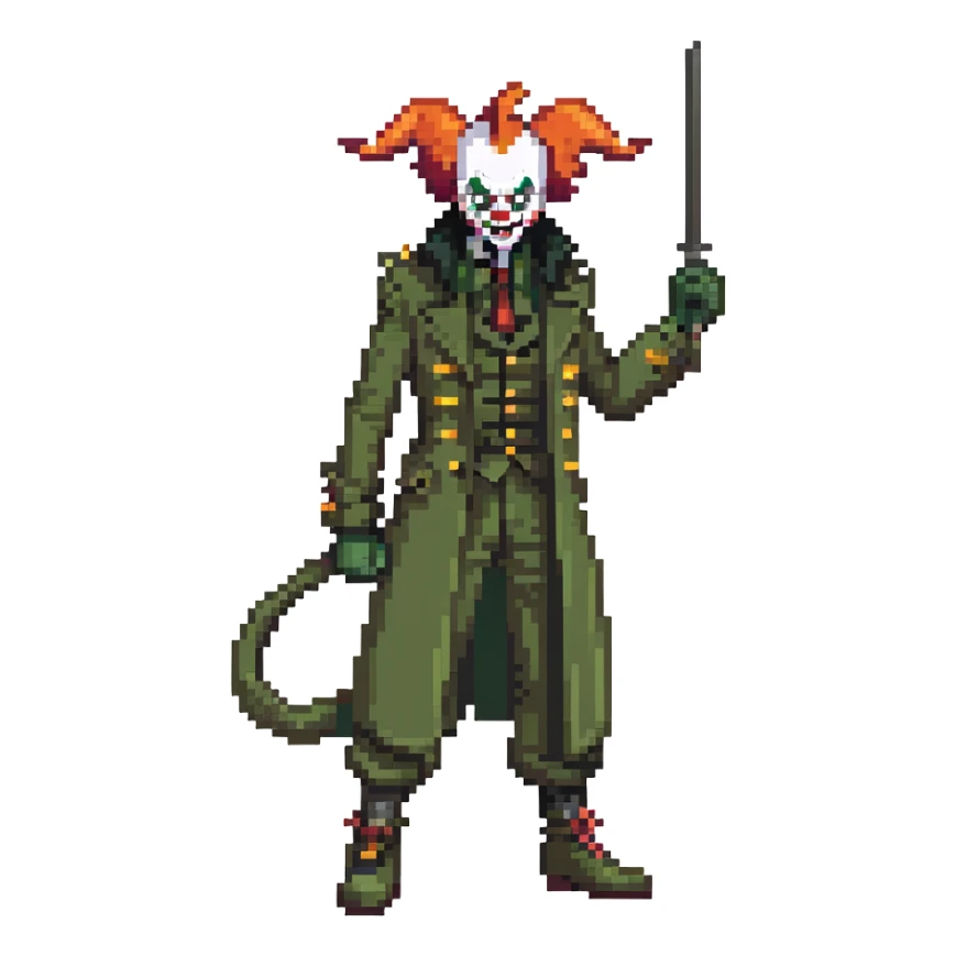 evil clown soldier, bald, small black horns on forehead, fangs, pointed ears, eye patch over one eye, long coat over black and military green clothes with bellbottom pants, tail, holding a different style of whip, realistically proportioned, less bulky, full body, fighting stance sticker
