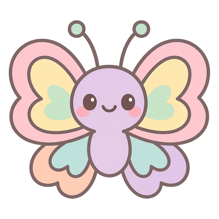 kawaii butterfly with heart-shaped wings, blushing cheeks, pastel rainbow colors, smiling expression sticker