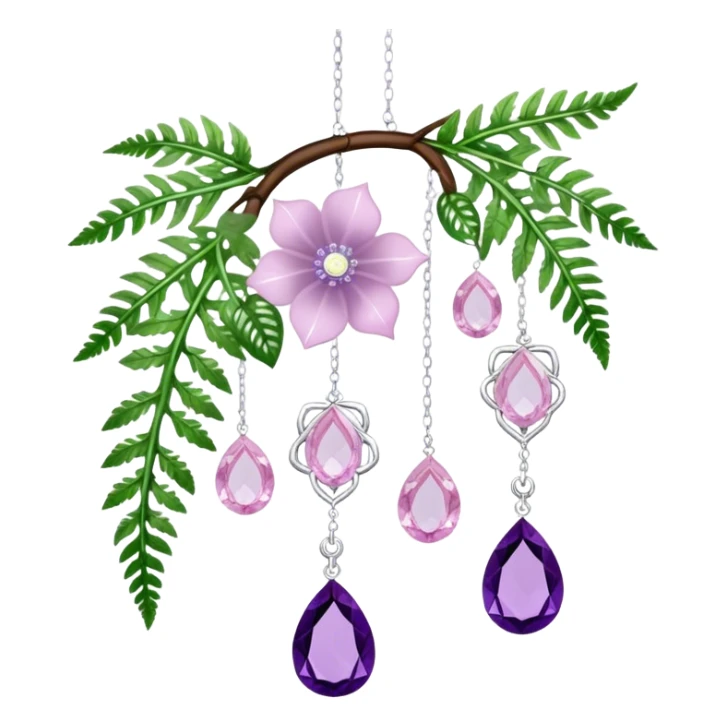 Hanging suncatcher, threads with shiny sparkly amethyst and rose-quartz gemstones, white-Cecilia-flowers, fern-leaves  sticker