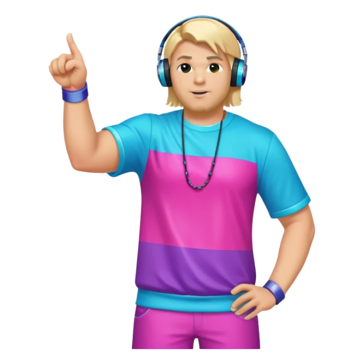 blond big man in colorful dj outfit pointing sideways sticker