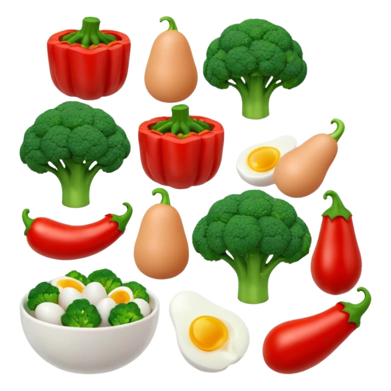 3D food emoji, glossy, smooth shapes, premium style,
broccoli, red bell pepper, rice bowl, chicken breast,
boiled eggs, vitamins bottle,
light warm background
 sticker