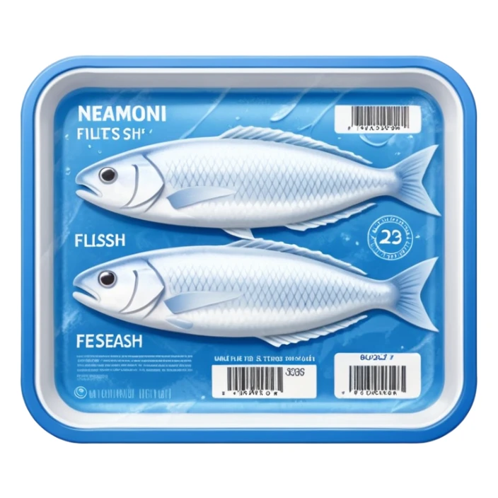 A clear vacuum-sealed plastic tray containing neatly arranged white fish fillets, covered with a thin layer of frost. The package has a blue and white label with product details and barcode. Set in a supermarket freezer shelf among other seafood packs, realistic lighting and texture. sticker