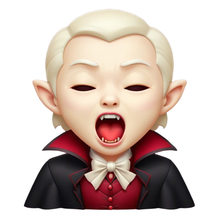 Cinematic Cute Yawning Vampire Portrait Emoji, with a small, rounded, charming pale face accented with tiny playful fangs and droopy, half-closed eyes, head tilted in an adorable wide yawn, dressed in miniature elegant dark attire with a hint of crimson, simplified yet irresistibly endearing, highly detailed with a soft, mysterious glow and gentle outline that captures the cute, drowsy side of an immortal! sticker