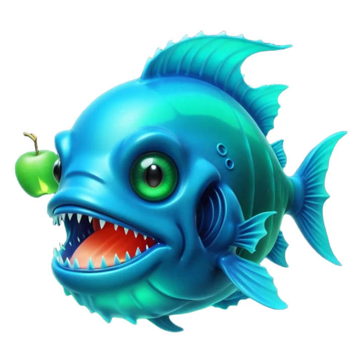 3D render of Anglerfish, bioluminescent deep sea style, glowing neon blue and green lights, dark background to contrast the glow, translucent organic textures, Apple emoji style. sticker