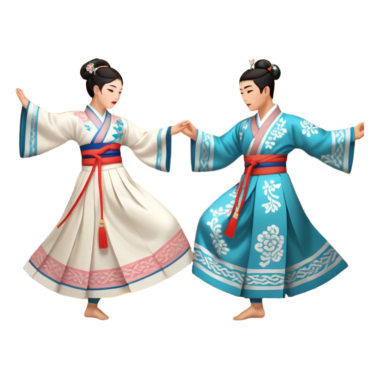Cinematic Realistic scene of two performers engaging in Ganggangsullae, dressed in traditional Korean costumes with intricate patterns and graceful movements, illuminated by soft, festive lighting that accentuates the cultural ambiance sticker