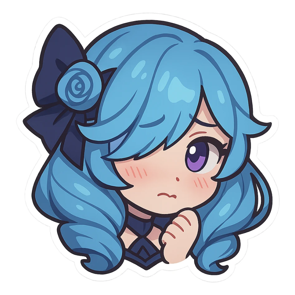 Gwen from League of Legends, chibi emote style, only head visible, right eye purple, shy expression, hair slightly covering face, cute and expressive sticker