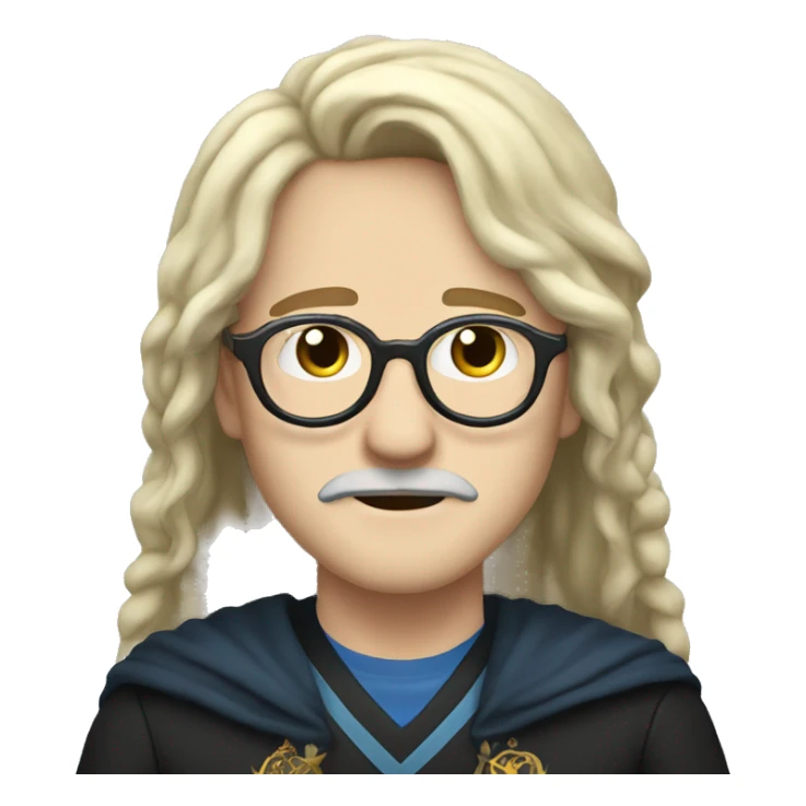 he has got white skin, he has got long black an straight hair, he has got a mustache, he has got glasses, he is from ravenclaw sticker