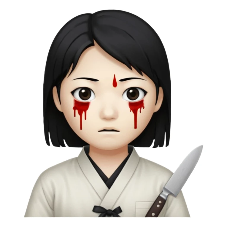 Korean murderer white skin with Asian eyes and holding kitchen knife with black straight hair with also one eye is blind covered with blood sticker