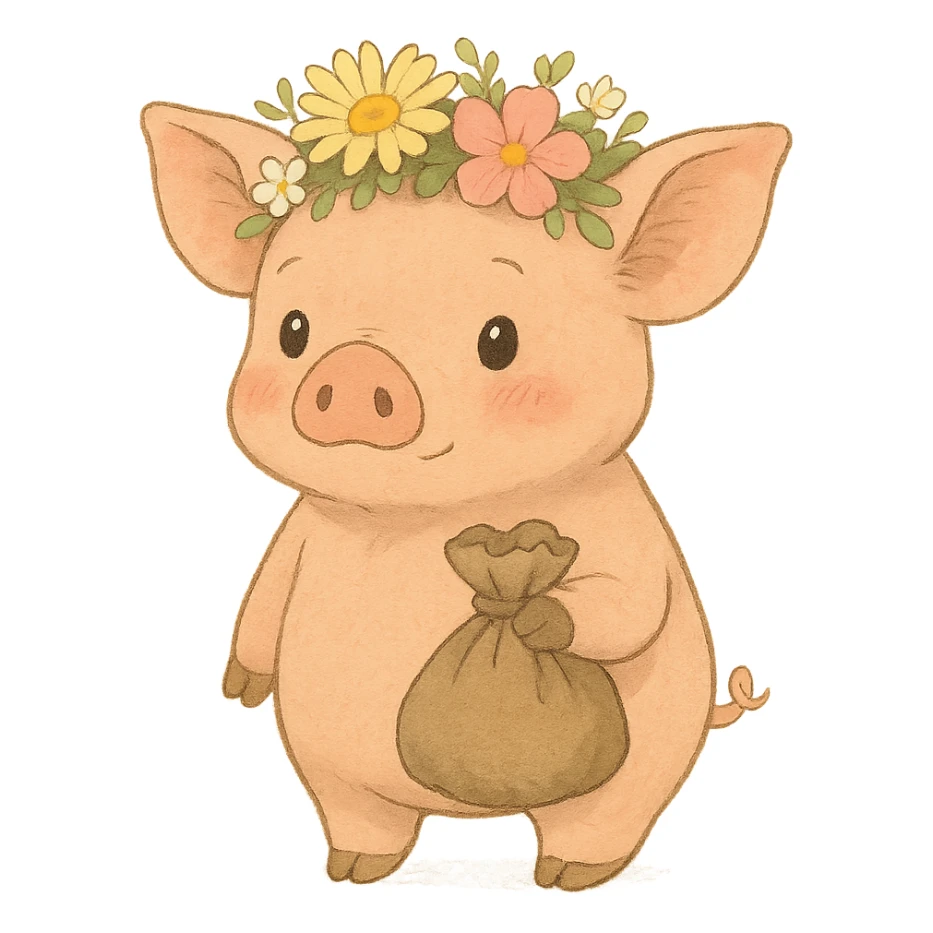 piglet with flower crown and gift bag, soft ghibli style sticker