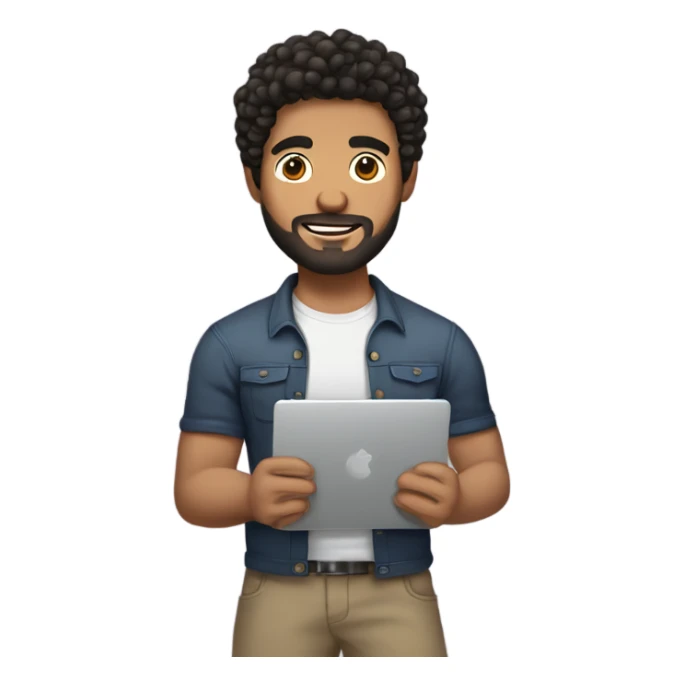 men holding his computer in hands. light brown skin men with curly black hair, dark brown eyes, little grown beard. little bit muscular. dressed casual. round face. sticker