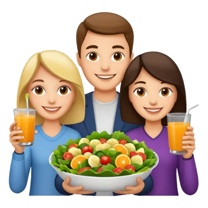 family holding salad and orange juice sticker
