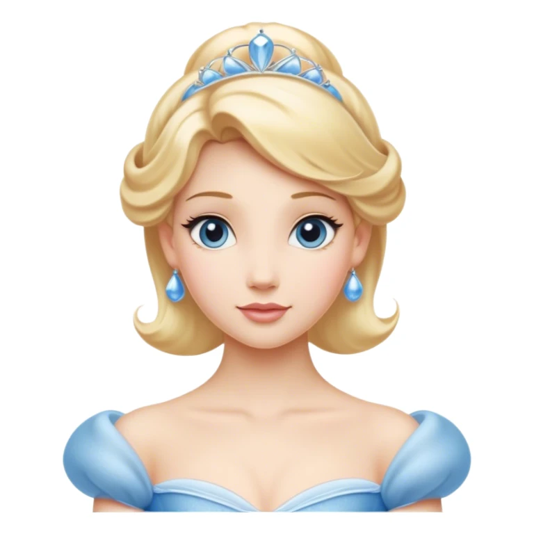 Cinematic Elegant Cinderella Portrait Emoji, rendered in a realistic, vector-style with minimal shading and bold, simplified shapes. Depict Cinderella in her classic ball gown (chest and above) with fair, porcelain skin and elegantly styled blonde hair, her eyes soft and kind, and her expression serene and graceful. The design glows with a gentle, enchanting radiance and high shine, capturing the timeless beauty of a fairy tale princess. sticker