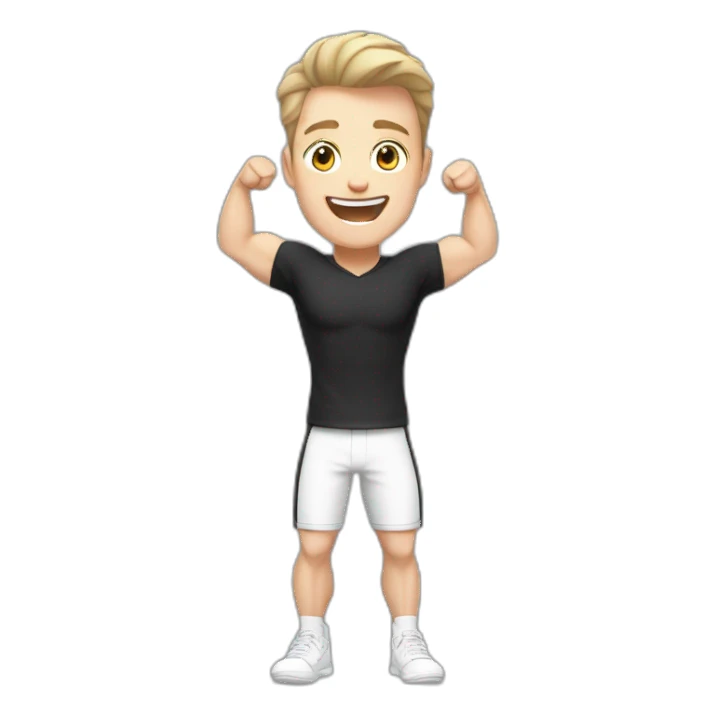 Joyful Celebrating victory Pale skinned Fit Man With the biceps and dark brown hair in black shirt, gray sports shorts and white Sneakers sticker