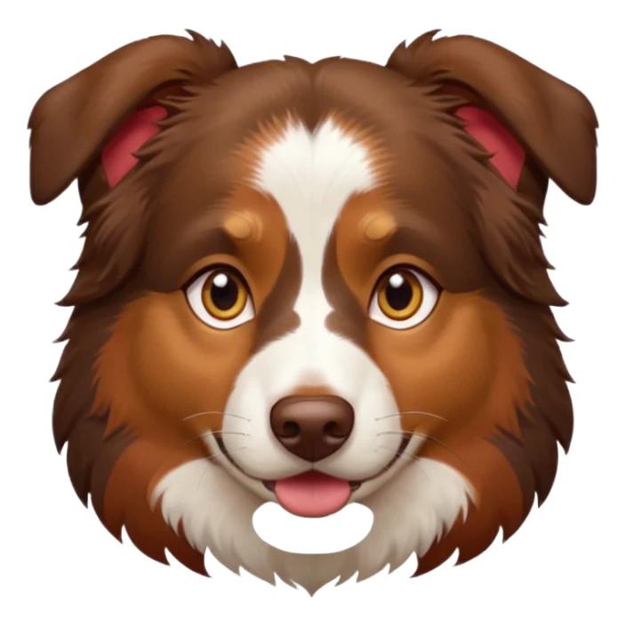 A tri color Australian shepherd with a chocolate brown base coat, red/gold fur on his eyebrows and snout/cheeks, a white chest, and gold eyes sticker