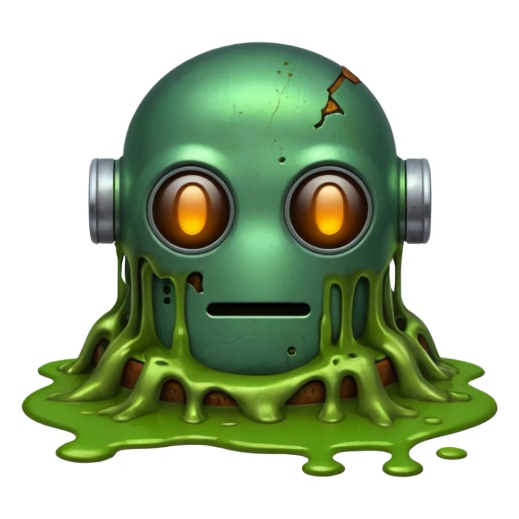 make a tired old melting robot emoji, covered in green sludge, 2d sticker