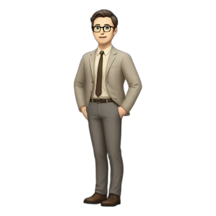 Full height Actively Gesturing Pale skinned fit man with dark brown hair in gray jacket, beige office shirt, brown tie, brown pants and vintage glasses. sticker