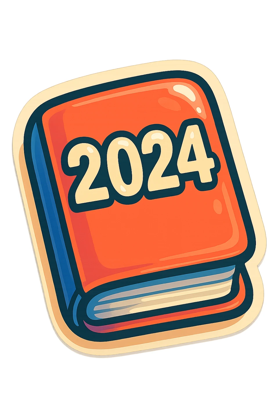 retro sticker-style image of a small pocket calendar closed, with a visible year on the cover, bold outlines, juicy colors, expressive shadows and highlights, playful and glossy look sticker