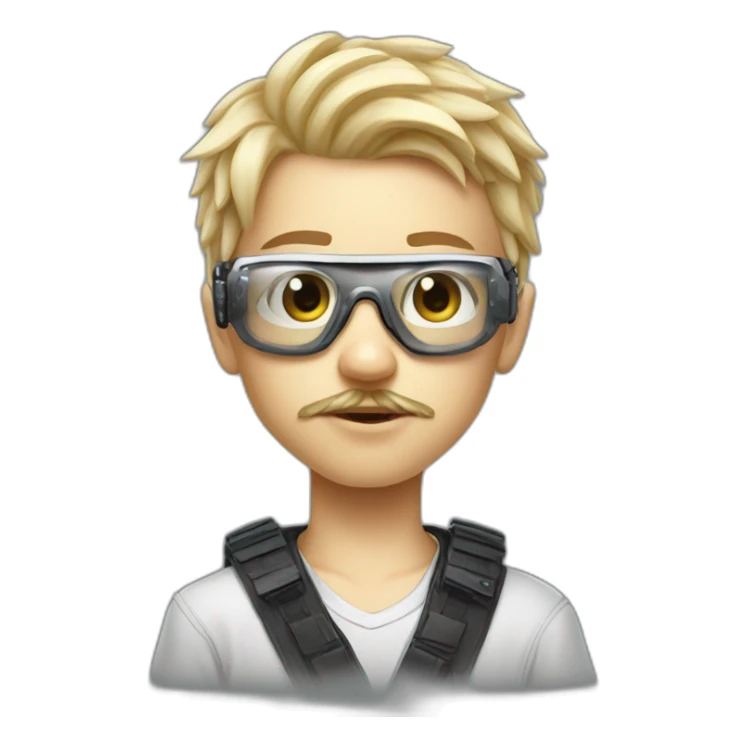 a young boy with short blonde hair with transparent white glasses and a little mostache, he is a futuristic cyberpunk hacker  sticker