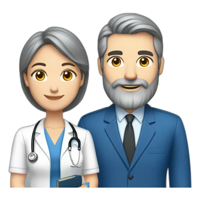 husband classy caucasian 55 dark gray hair trimmed beard wearing blue business suit and holding bible, with wife asian age 55 dark hair nurse uniform, no children sticker