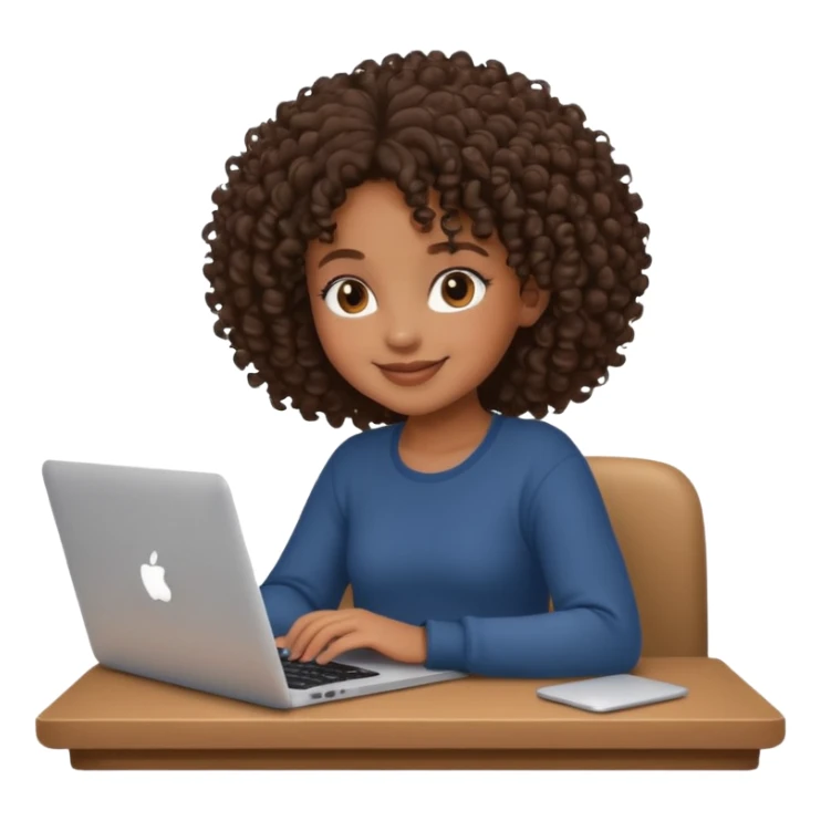 adorable black girl with curly hair working on a MacBook, smiling, cozy setting sticker