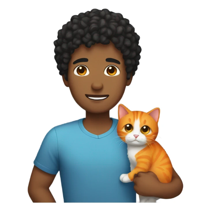 Guy with short black curly hair holding a orange cat sticker
