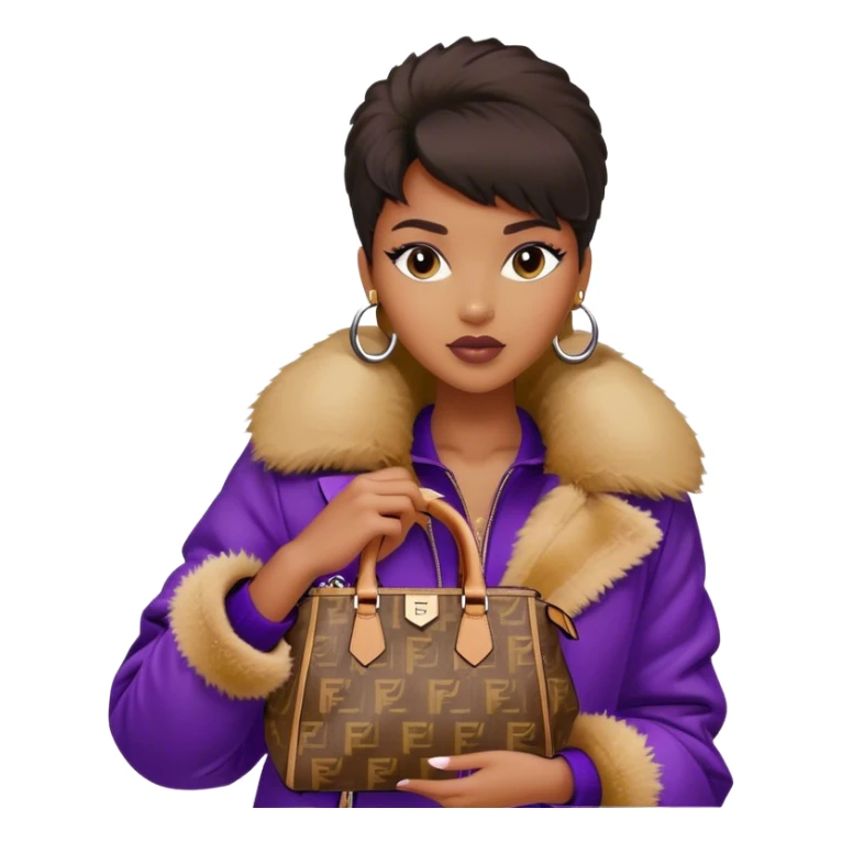 Beautiful black woman wearing a brown monogram Fendi jacket with a fur trim. She is carrying a purple Fendi Mini Peekaboo Bag. I want the image close up sticker