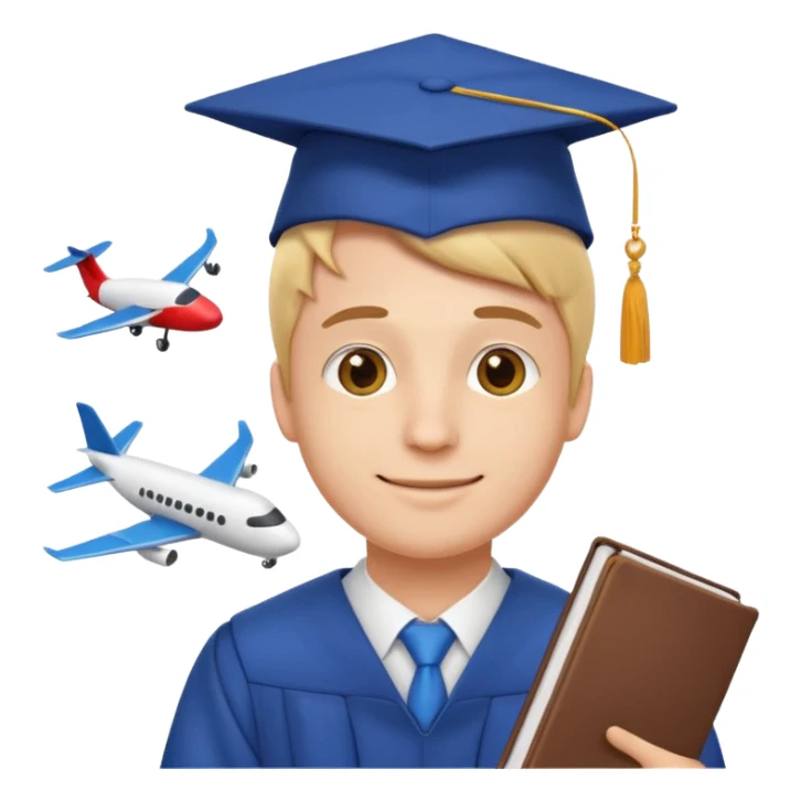 emoji man student at university with graduation cap and airplane, happy, programme erasmus,white background sticker