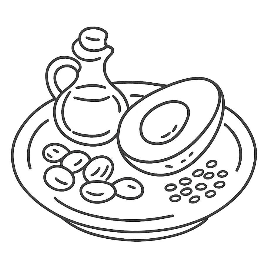 plate with avocado, nuts, olive oil, and seeds sticker