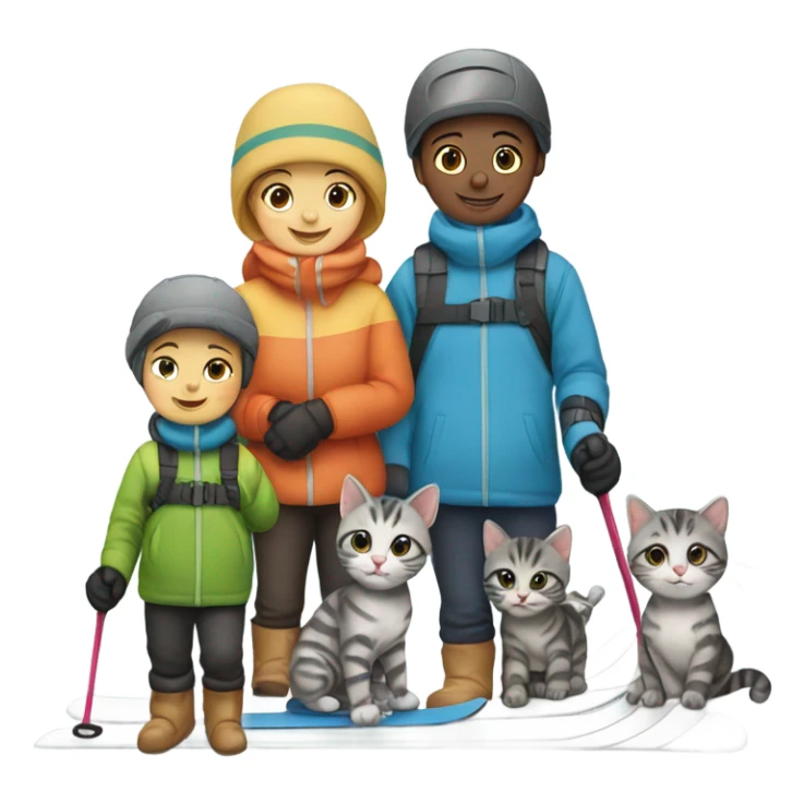Infant skiing with its family of five, and their grey striped cat sticker