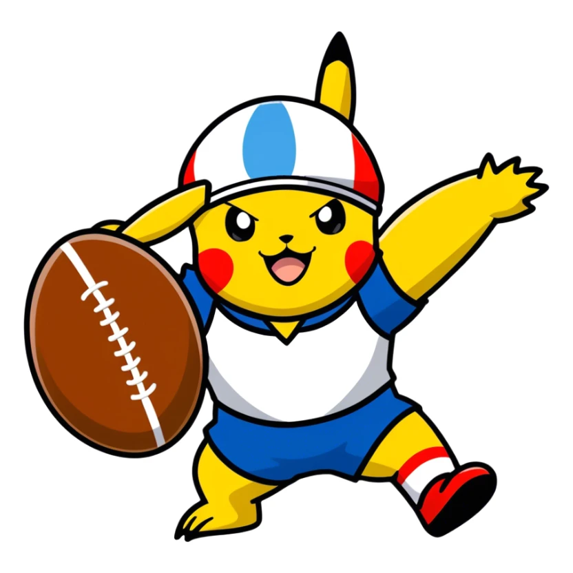 Hot handsomeb muscular 6ft tall smiling happy clean shaven Ash Ketchum playing rugby with Pikachu sticker