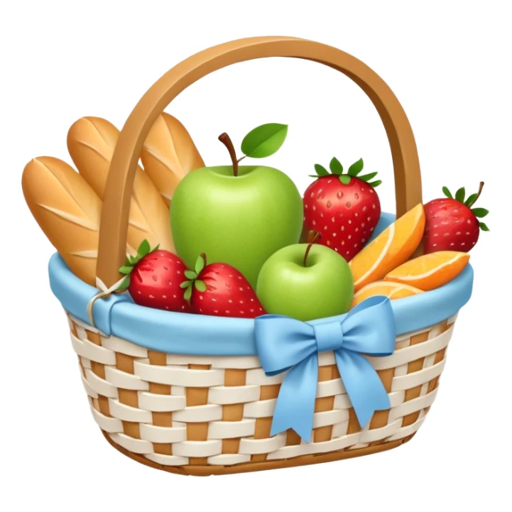 A white Picnic basket with pastel blue bow，contained baguettes and fruit, sticker