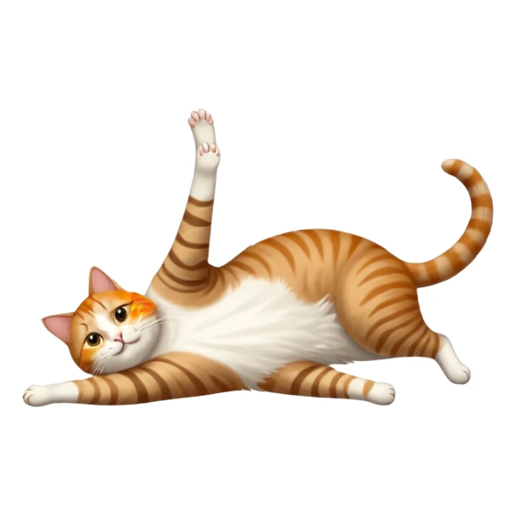 brown tabby and white cat with doing a big extremely long stretch reaching up into the air with arms and legs side by side together straight and overextended whilst lying on its side sticker