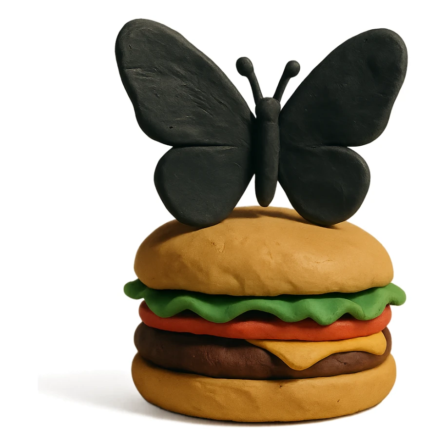 matte plasticine claymation style black butterfly sitting on a burger sticker